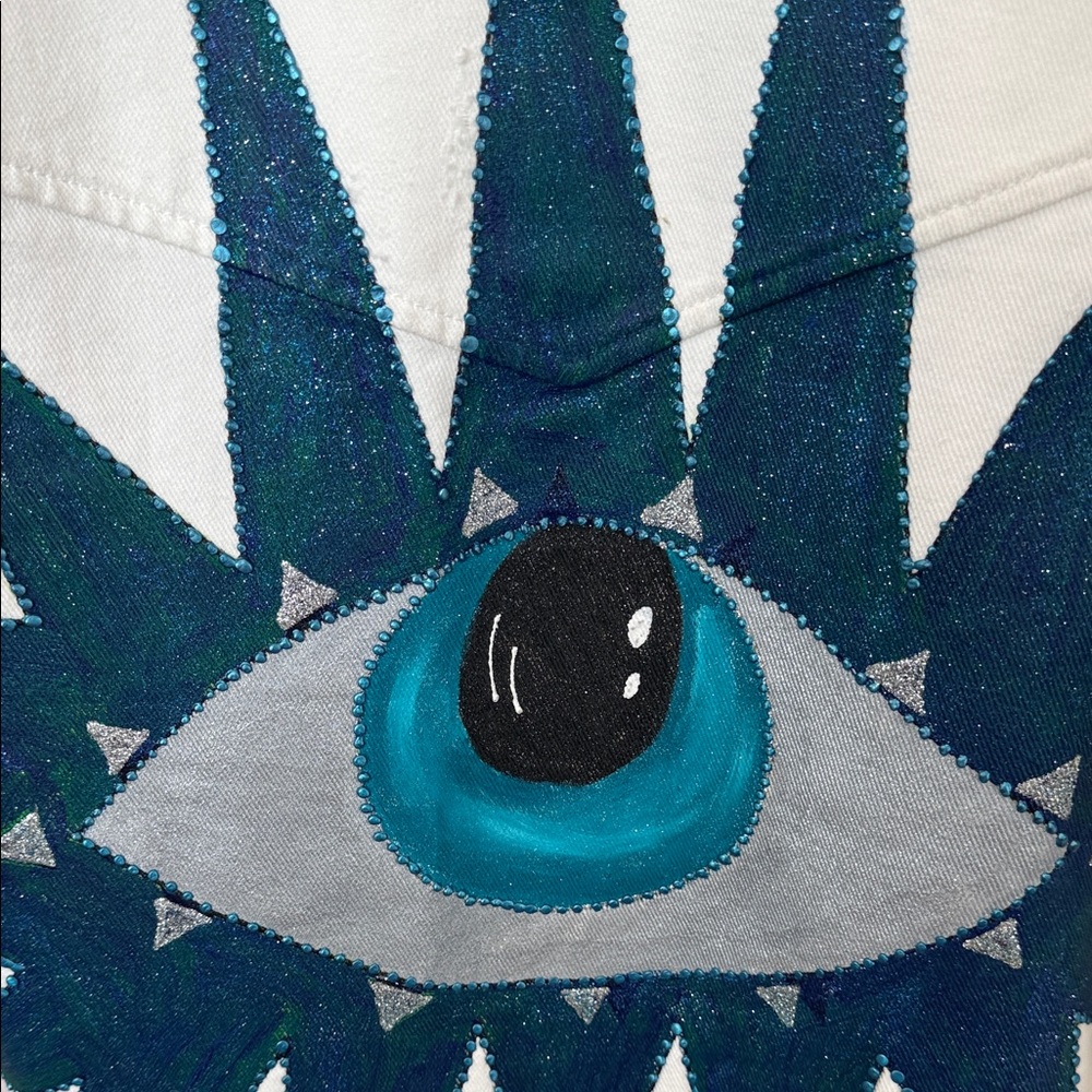 Eye See You Handmade Hand-Painted White Jeans Jacket – Made in Greece - Picture 5 of 17